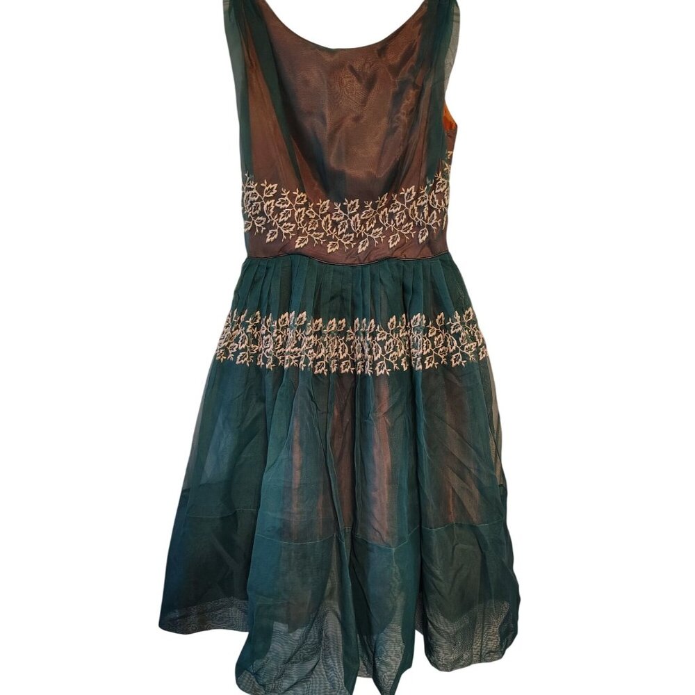 Vintage AFL CIO Union Made 1950's Dress, Green Orange, Small Sleeveless READ